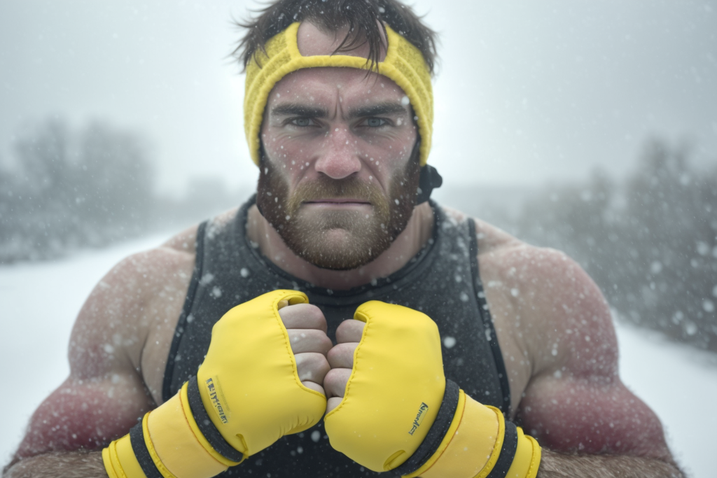a man in yellow wristguards in the snow
