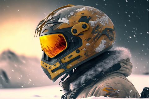 hombre con casco de moto de nieve