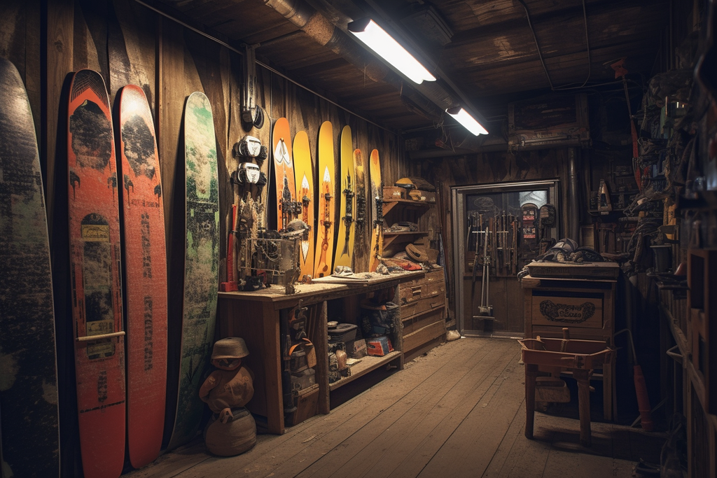 snowboards in a storage room