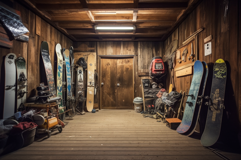 old snowboards in a storage room