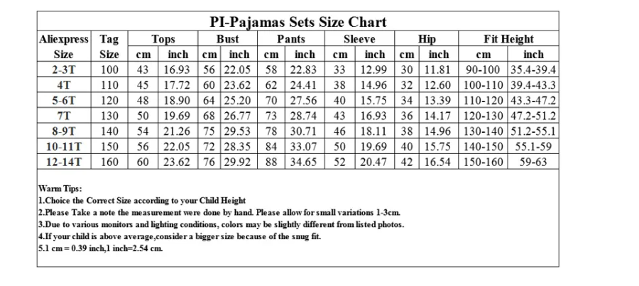 パジャマセットのサイズ表