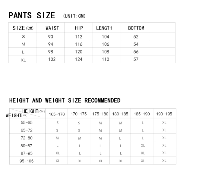 pants size chart