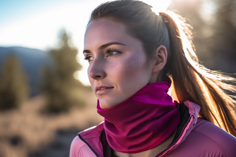 a woman wearing a pink neck gaiter during the sunshine