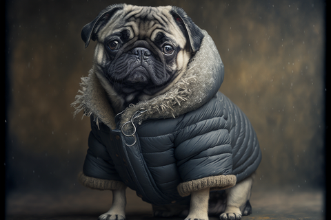 pug wearing a warm jacket