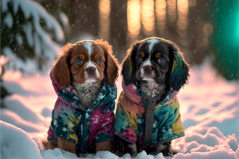 puppies wearing colorful jackets in the snow