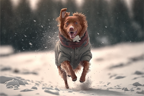 running dog in a wool jacket