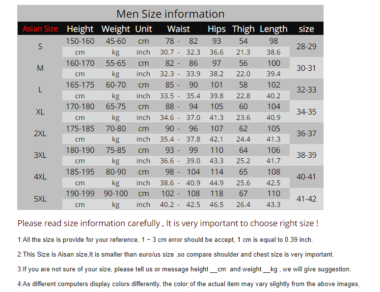 ski pants size chart