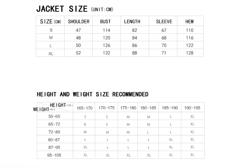 ski suit size chart