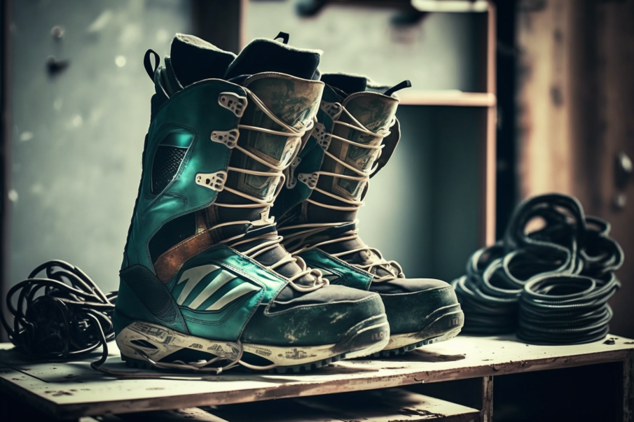 snowboard boots on rack