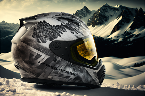 un casco de moto de nieve y la montaña
