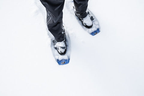 Person steht mit Schneeschuhen im Neuschnee
