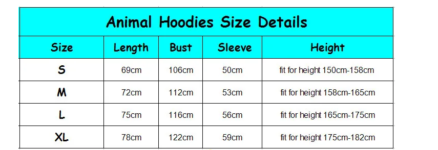 unicorn hoodie size chart