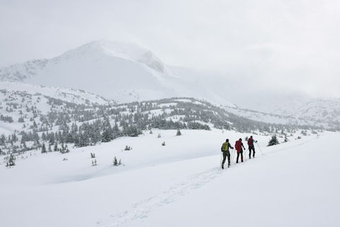 Drei Leute gehen auf Schnee