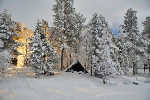 منزل خشبي في فصل الشتاء