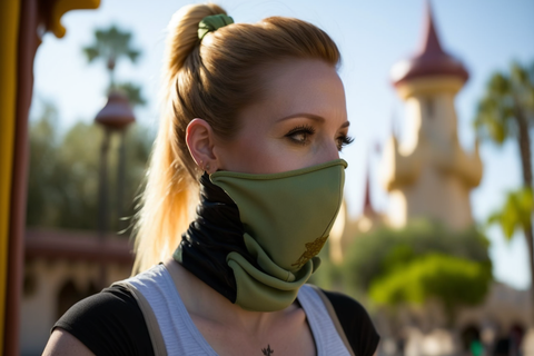 a woman visiting disneyland is wearing a green neck gaiter 