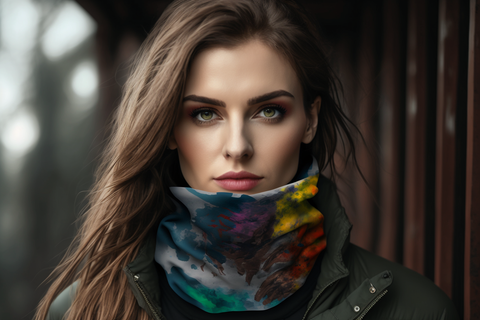 woman in printed neck gaiter 