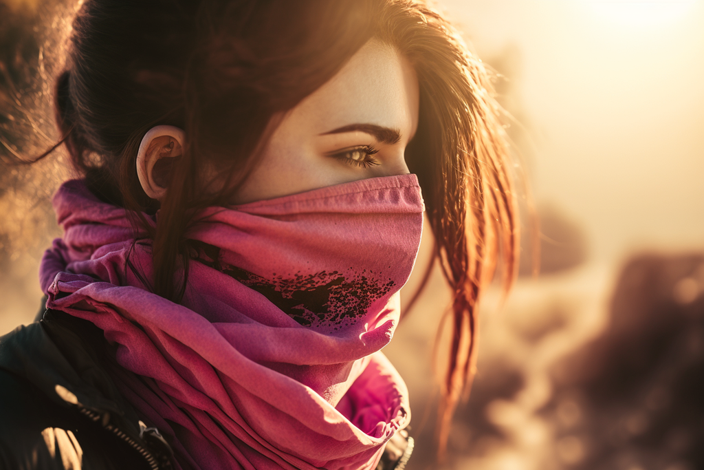 a woman wearing a pink neck gaiter during the golden hour