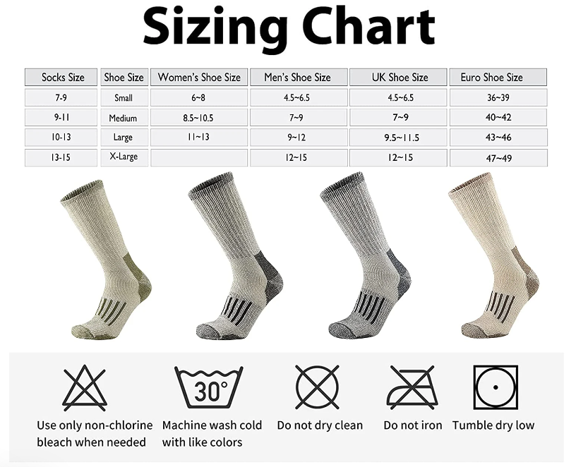 wool socks size chart