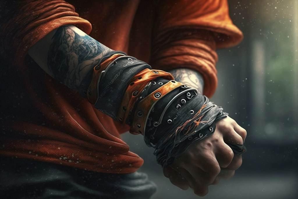 wrist protector on a tattooed hand