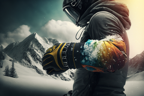 snowboarder wearing wristguards on the mountain