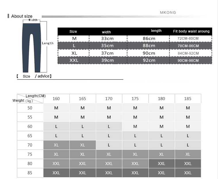 mens winter leggins size chart