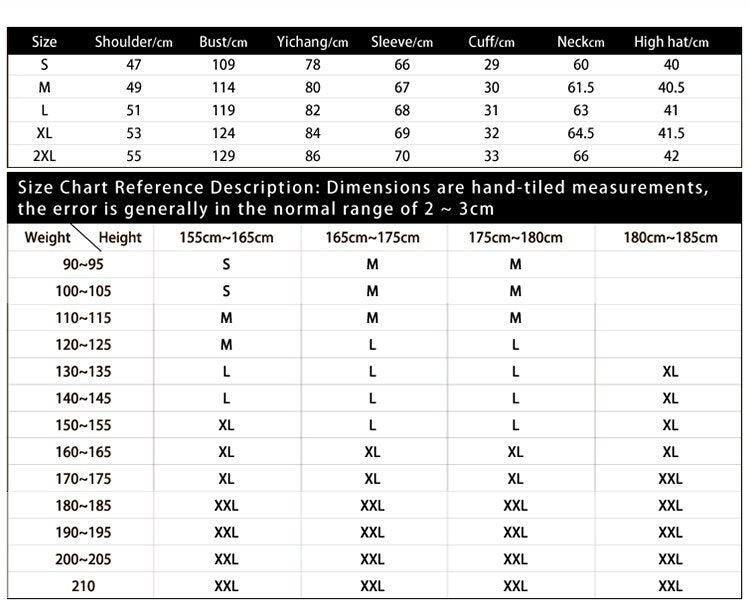 size chart ski gear