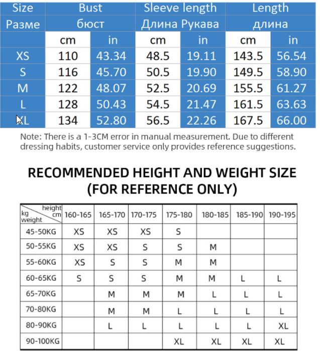 size chart ski gear