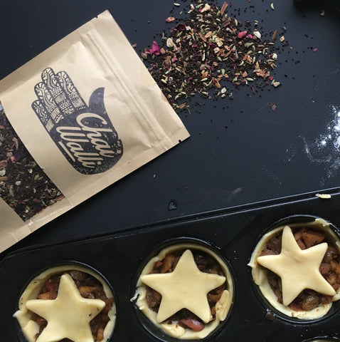 Chai Walli bag next to filled fruit mince pies