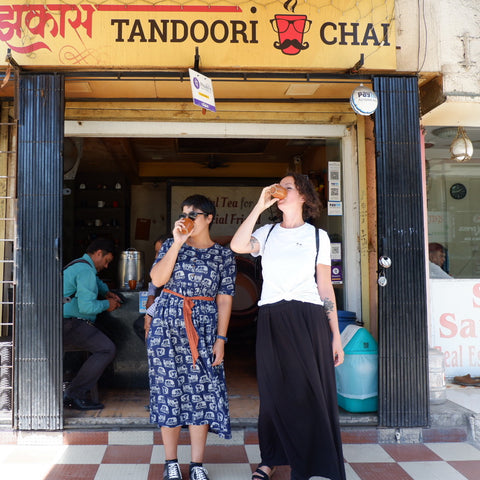 Uppma and Kayla drinking chai in Mumbai India