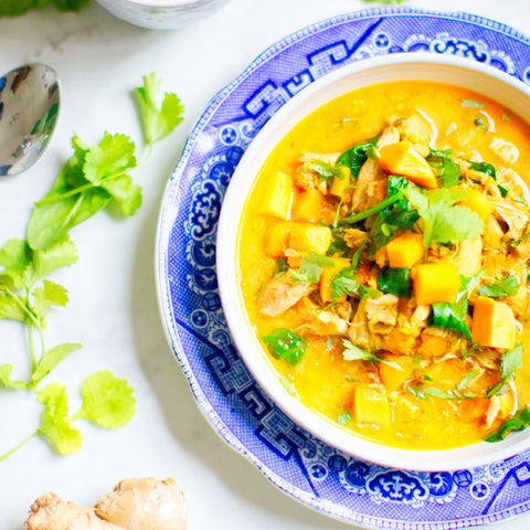 golden curry in a blue bowl
