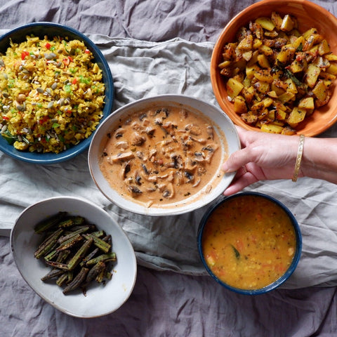 Traditional Indian masala lunch with tadka dahl, jeera rice. Simple easy recipe ideas. 