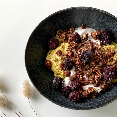 Chia pudding in bowl with Chai Walli turmeric latte blend