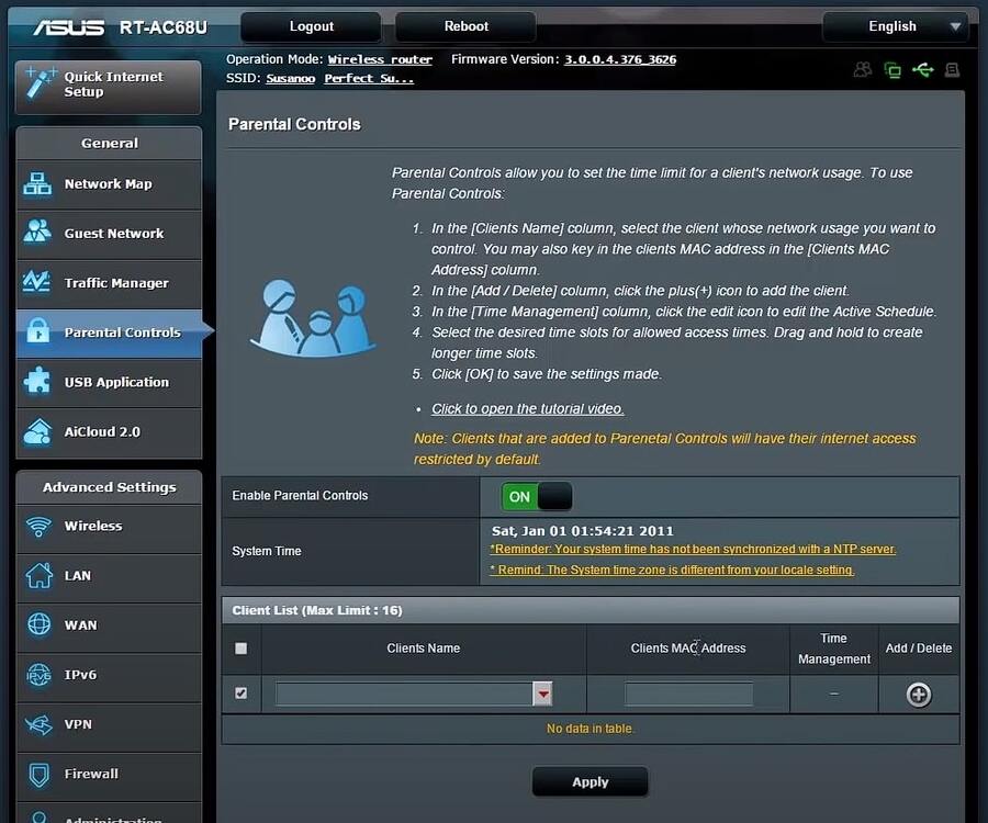 ASUS RT-AC68U Wi-Fi Router Parental Controls