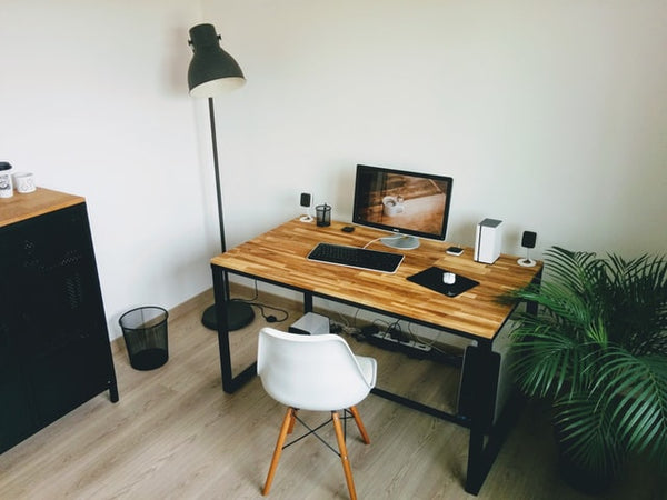 minimalist wood IKEA desk setup