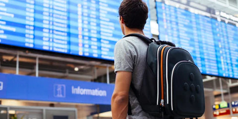 A man wearing a travel backpack while looking at flight information