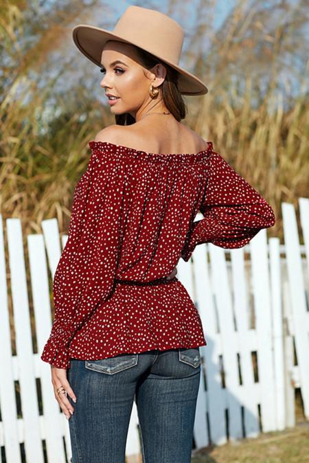 red and white polka dot off the shoulder top