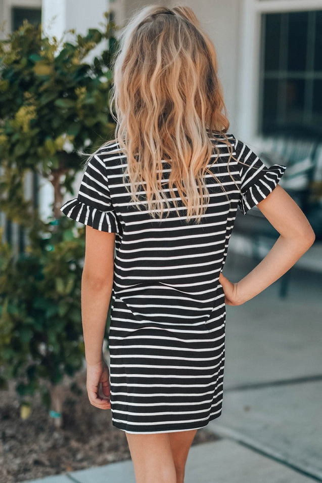 Black Striped T-shirt Mini Dress with Ruffled Sleeves | Lady Secreto
