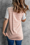 Pink Striped Short Sleeve Contrast Color T-Shirt with Pocket | Lady Secreto