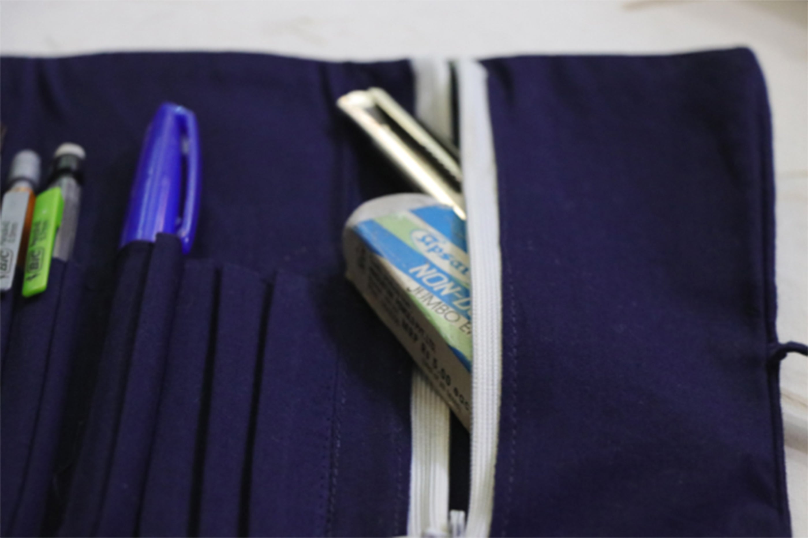 Blue Block Printed Roll Up Pencil Case