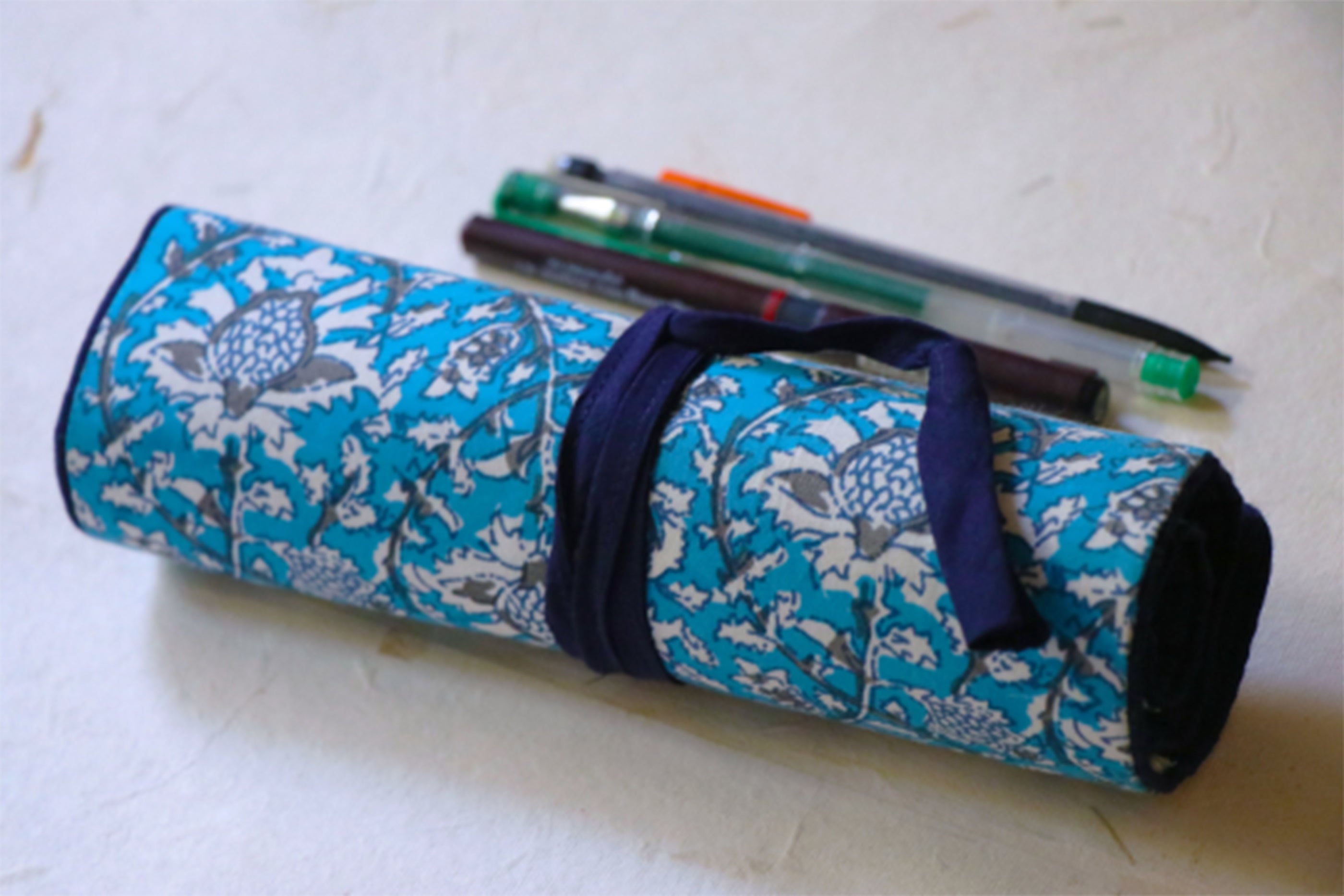 Blue Block Printed Roll Up Pencil Case