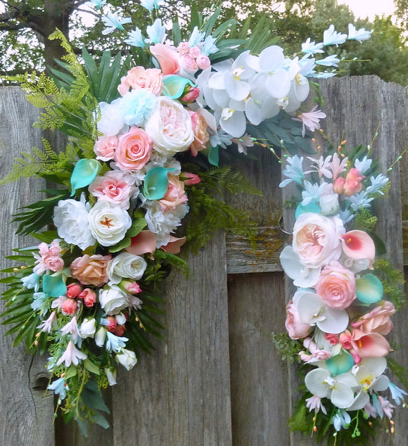 Wedding Arch Flowers Coral White And Lite Turquoise Blue Wedding Sw Julie Butler Creations