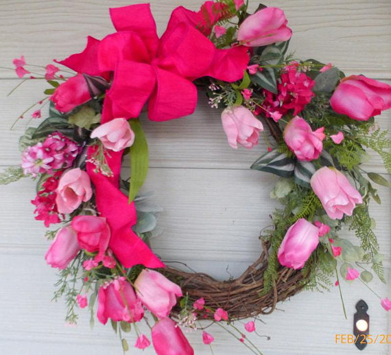 Pink Spring Tulip Wreath Wreaths Summer Wreath Front Door