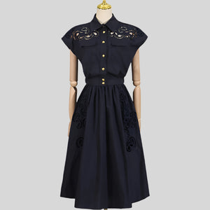 Hollow Out Chic Two Piece Sets Lapel Short Sleeve Spliced Button Tops High Waist Long Skirt Elegant Set - Knot Bene