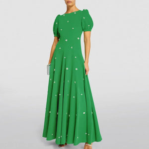 Crepe Evening Elegant Pleat Crystal Short Sleeve Dress - Knot Bene