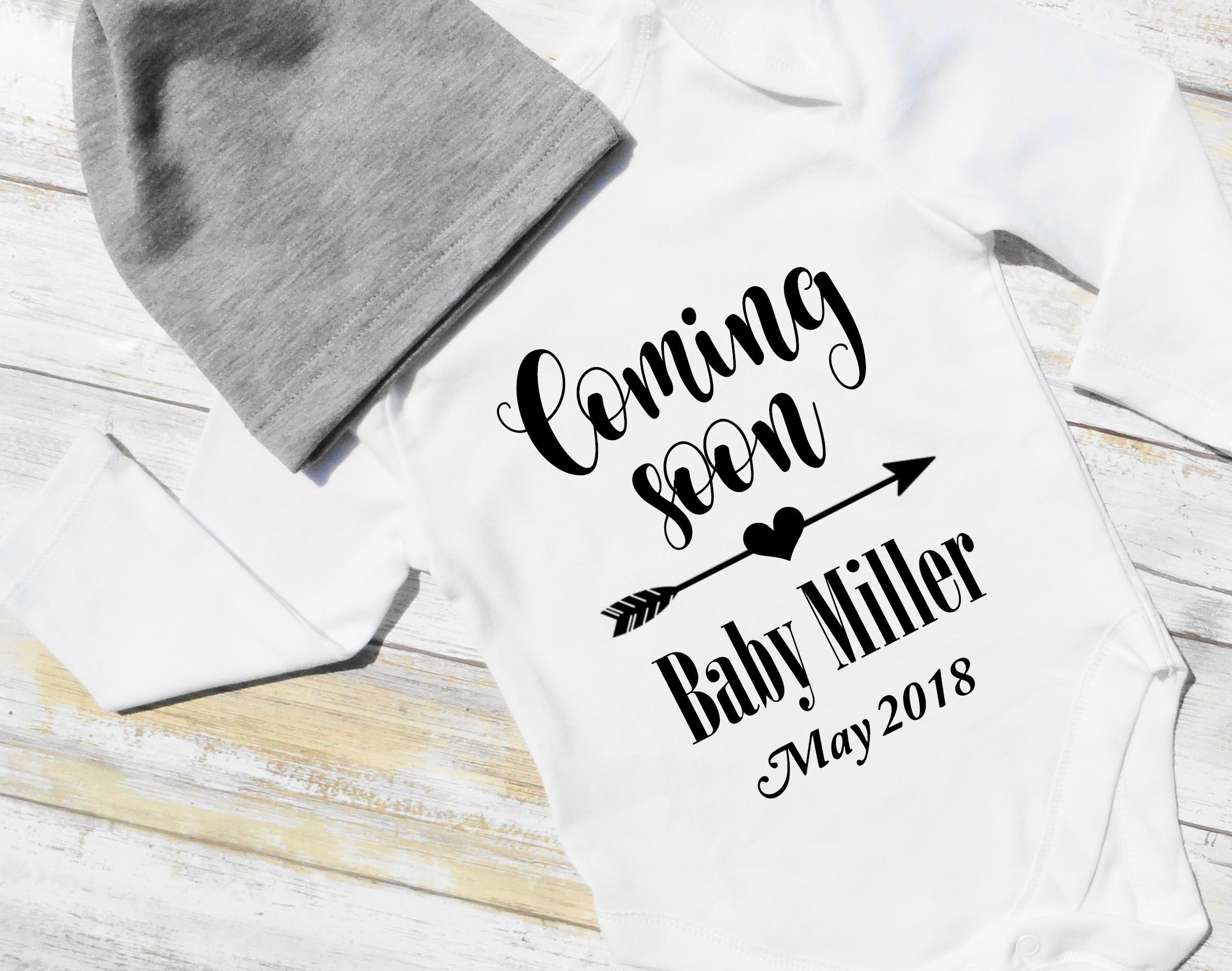 Download Baby Onesie Bodysuit Announcement Newborn Size Long Sleeve White Onesie Bodysuit Tia Mimi Designs PSD Mockup Templates