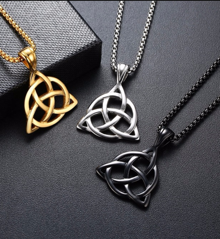 Irish Triquetra Knot Pendant, Black Necklace in Stainless Steel with