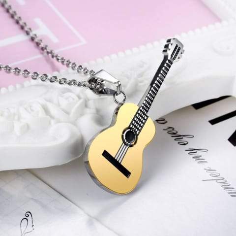 Hip Hop Titanium Steel Chain Necklace Classical Music Guitar Pendant