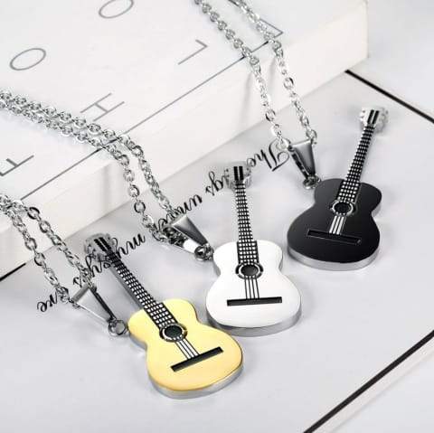 Hip Hop Titanium Steel Chain Necklace Classical Music Guitar Pendant