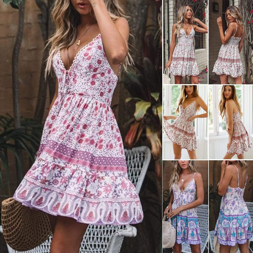 Summer Boho Sexy Chiffion Mini Dress 2019 Fashion Women Deep V-neck 