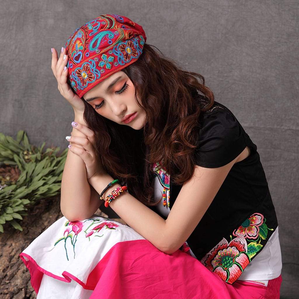 Mexican Style Ethnic Vintage Embroidery Flowers Bandannas Red Print 